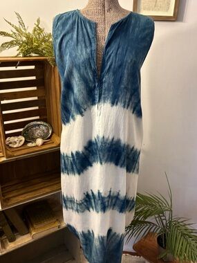 Emerson Fry Blue & White Kaftan Boho Cover Up Dress S-L Organic Cotton Tie Dye